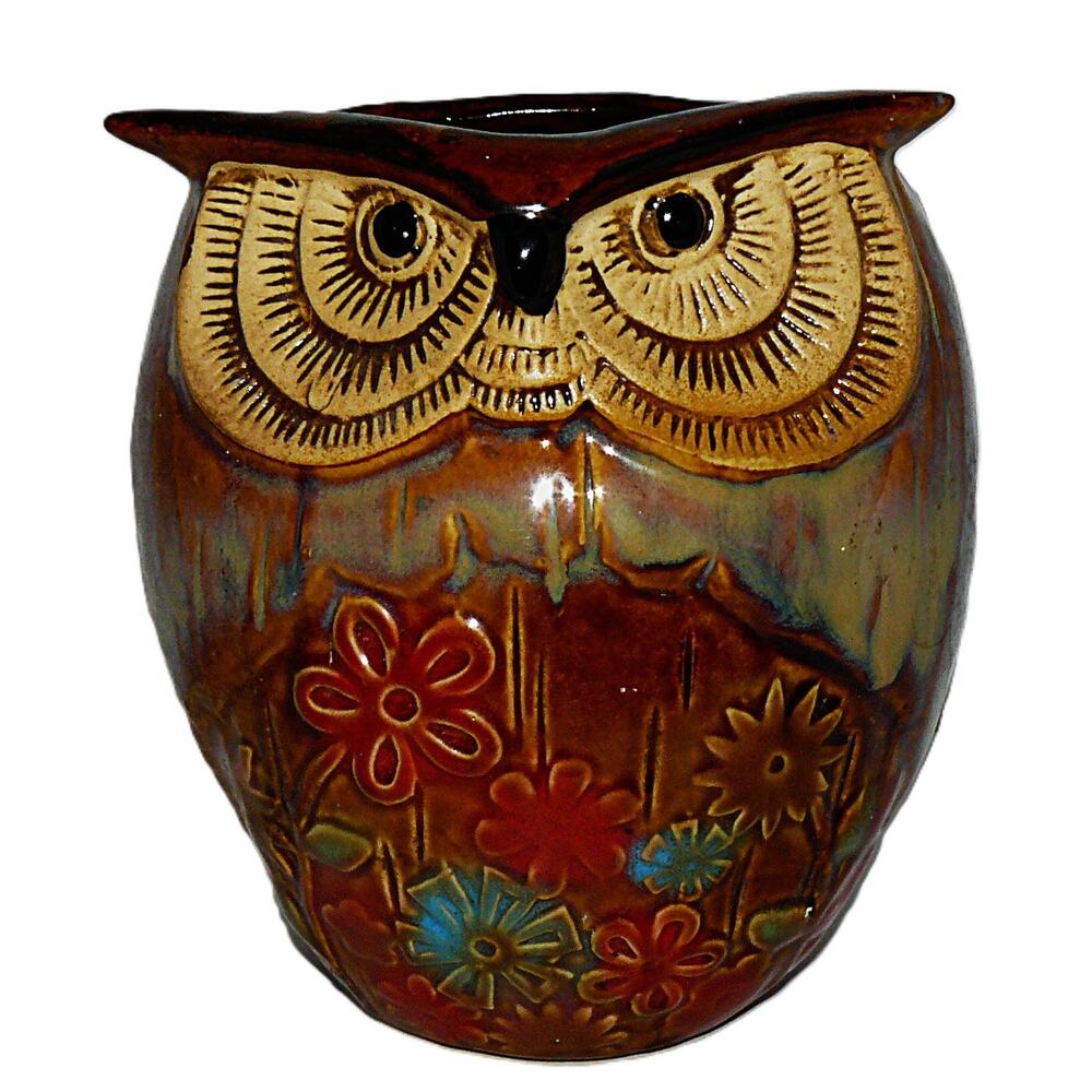 Vintage MCM Owl-Shaped Ceramic Planter Vase Pot Hand-Painted Rustic Retro Kitsch